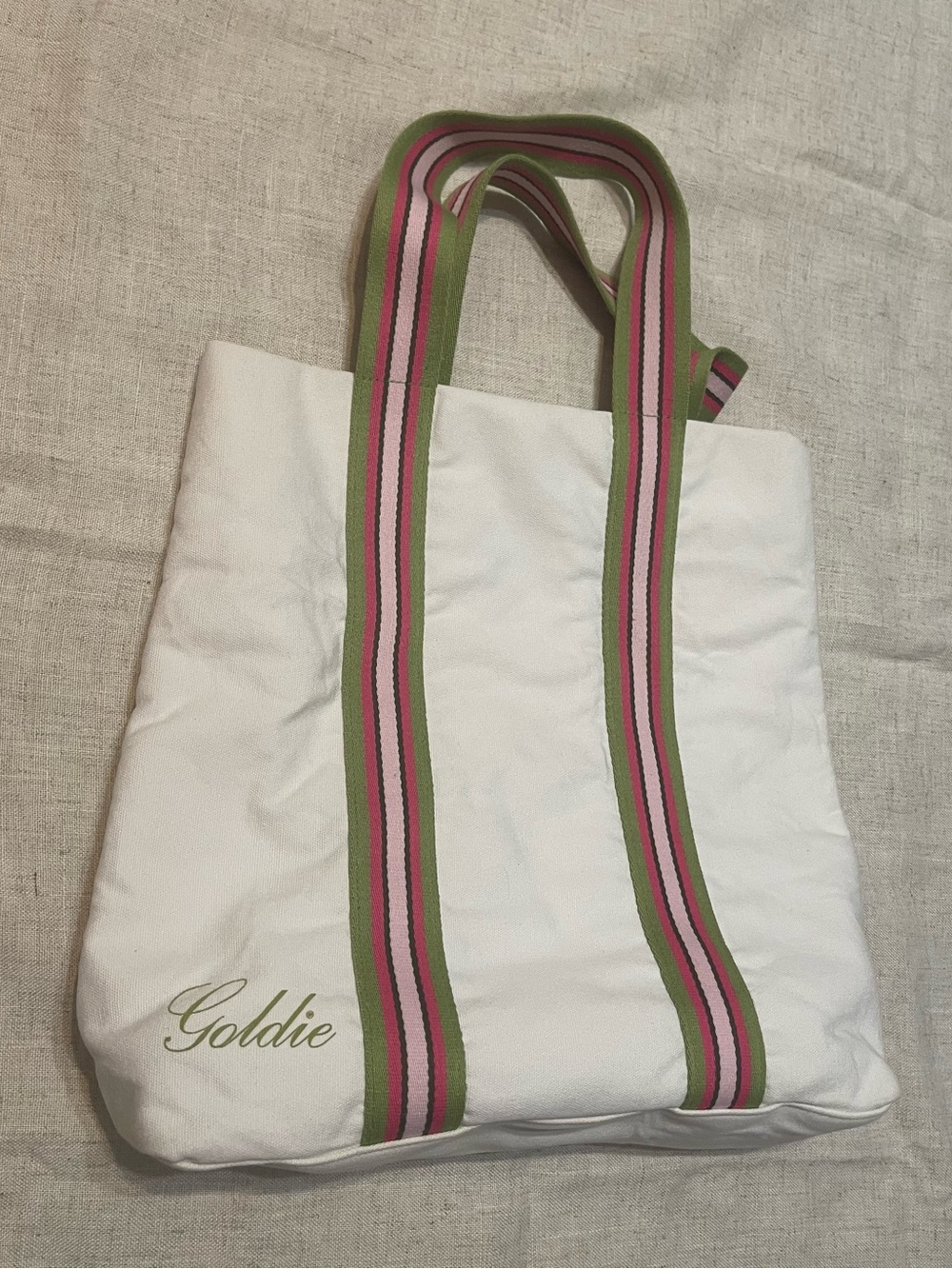 Goldie White Canvas Tote with Pink and Green Striped Handles